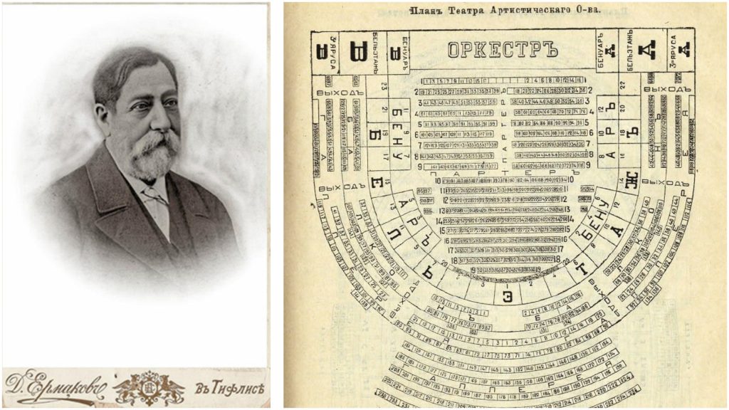 Portrait of Isa Pitoev and the floor plan of the hall in the Artistic Society building he constructed.